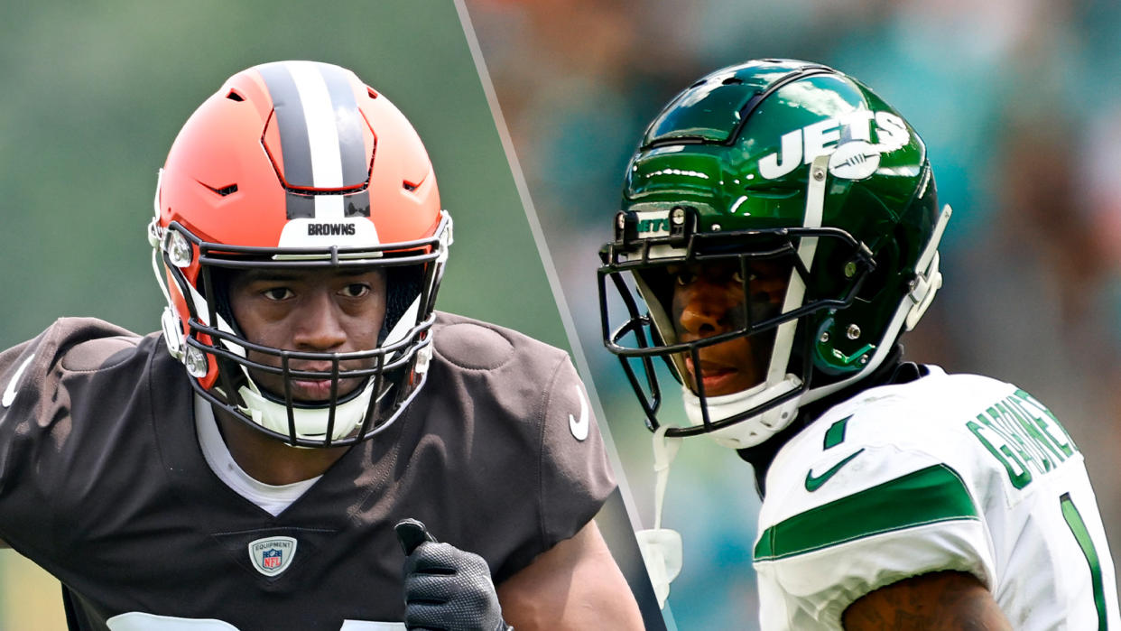  (L, R) Nick Chubb #24 of the Cleveland Browns and Sauce Gardner #1 of the New York Jets will likely play in the NFL Hall of Fame Game live stream 