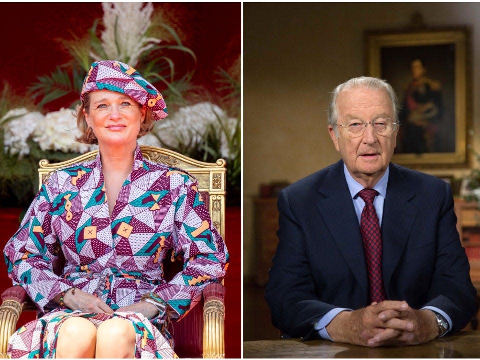 Princess Delphine attending a military parade during the National Day (left) and King Albert II of Belgium recording his annual television and radio speech at the Royal Palace in 2013.