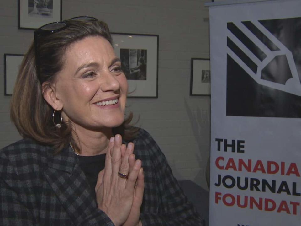 Lisa LaFlamme, pictured in 2019, speaking about truth in journalism. On Monday, LaFlamme said she was 'blindsided' by CTV's decision to end her contract. (Yanjun Li/CBC - image credit)