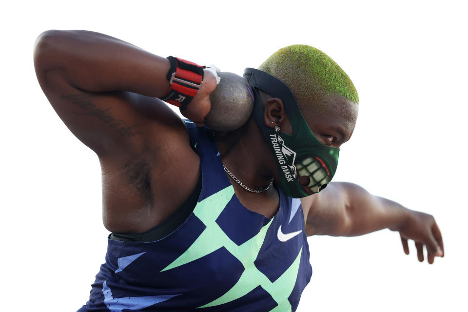 Raven Saunders competes in the Women's Shot Put Finals on day seven of the 2020 U.S. Olympic Track and Field Team Trials in Eugene, Oreg. on June 24, 2021.