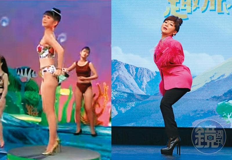 王彩樺（左）26年前就穿著比基尼搭高跟鞋，超飛迅。53歲的王彩樺（右）穿上「恨天高」秀超猛S曲線，這是台北女子的必備技能。（左圖翻攝自《十二大美女海底城泳裝歌唱秀》）