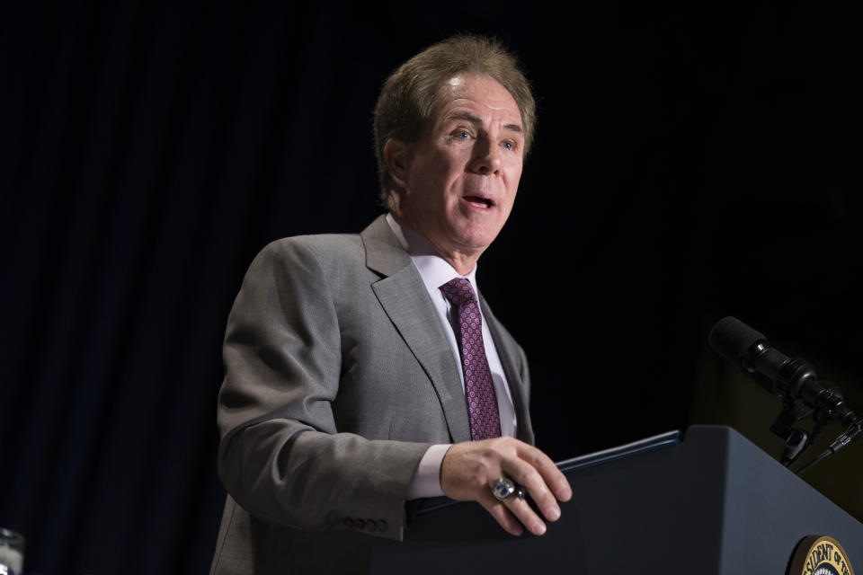 Former NASCAR race car driver Darrell Waltrip delivers the keynote address during the National Prayer Breakfast in Washington, Thursday, Feb. 5, 2015.  The annual event brings together U.S. and international leaders from different parties and religions for an hour devoted to faith. (AP Photo/Evan Vucci)