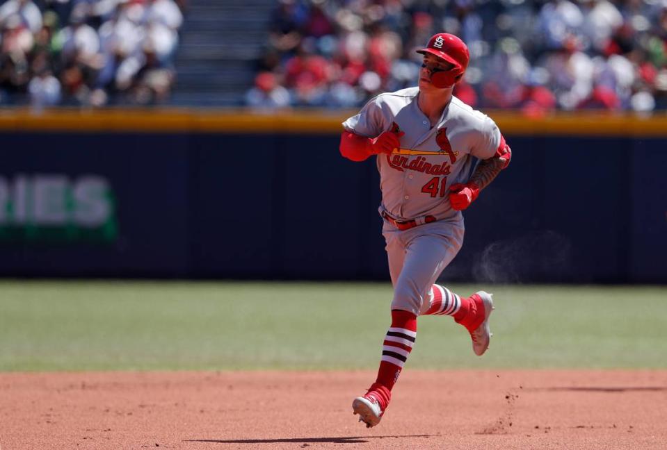 St. Louis Cardinals’ Tyler O’Neill runs the bases after hitting a home run during the first inning of a baseball game against the Cincinnati Reds in Monterrey, Mexico, Sunday, April 14, 2019. (AP Photo/Rebecca Blackwell)