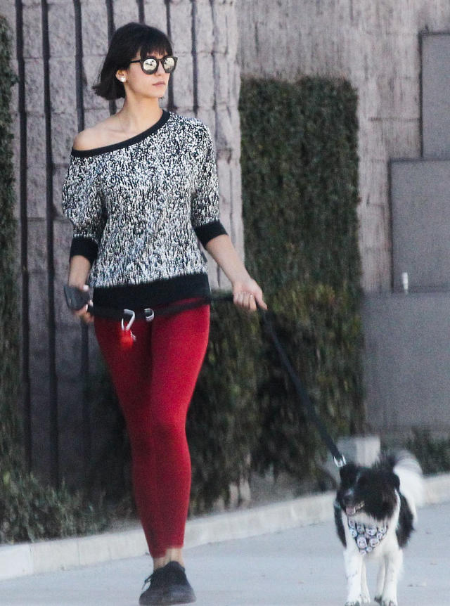 Nina Dobrev rocks patterned blue sports bra and leggings while enjoying a  walk with her dog