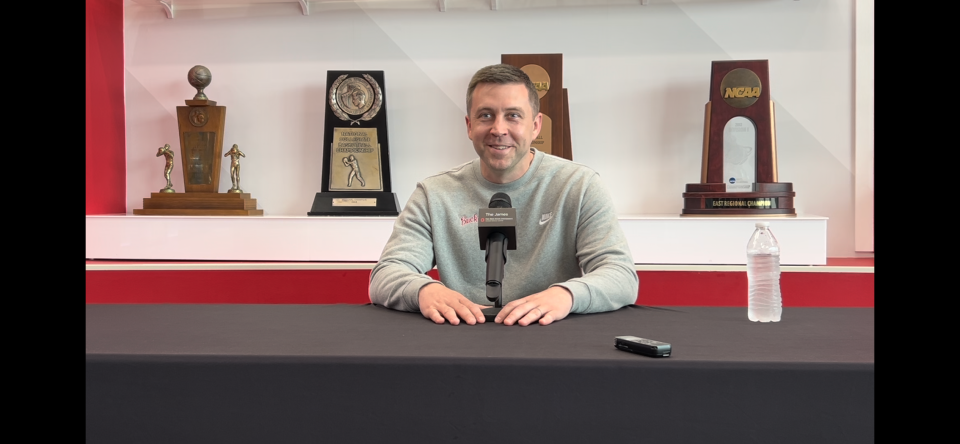 Ohio State men's basketball coach Jake Diebler speaks with reporters at Value City Arena on June 10, 2024.