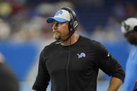 Detroit Lions head coach Dan Campbell watches from the sideline during the first half of a preseason NFL football game against the Buffalo Bills, Friday, Aug. 13, 2021, in Detroit. (AP Photo/Paul Sancya)