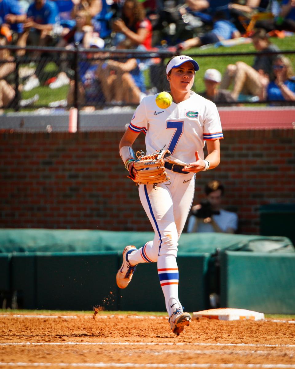Florida Gators' first baseman and outfielder Avery Goelz (7)runs to the dugout after helping close out the inning as the Gators play against the Tennessee Volunteers on March 27, 2022 at Katie Seashole Pressly Stadium in Gainesville, Florida. Gators won 4-1.