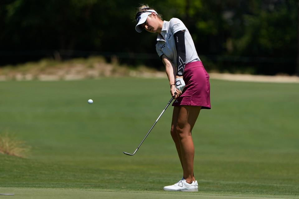 Nelly Korda chips on the 17th hole during a practice round for the the U.S. Women's Open golf tournament at the Pine Needles Lodge & Golf Club in Southern Pines, North Carolina, on Wednesday, June 1, 2022.