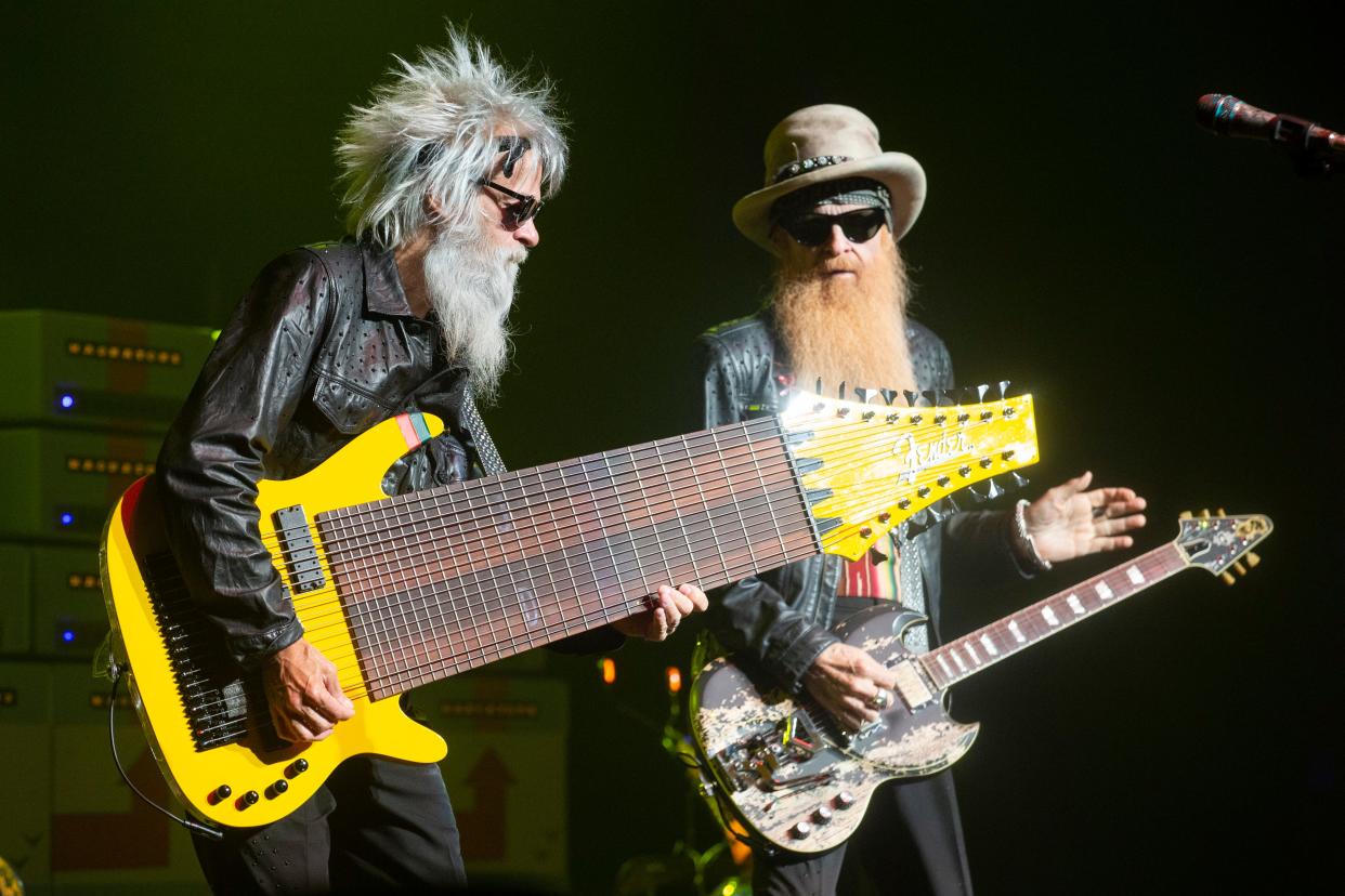 Elwood Francis plays a 17-string bass as he and Billy Gibbons perform with ZZ Top at the Orpheum in Memphis on July 26, 2023. ZZ Top and Lynyrd Skynyrd will play the Landers Center on March 23.