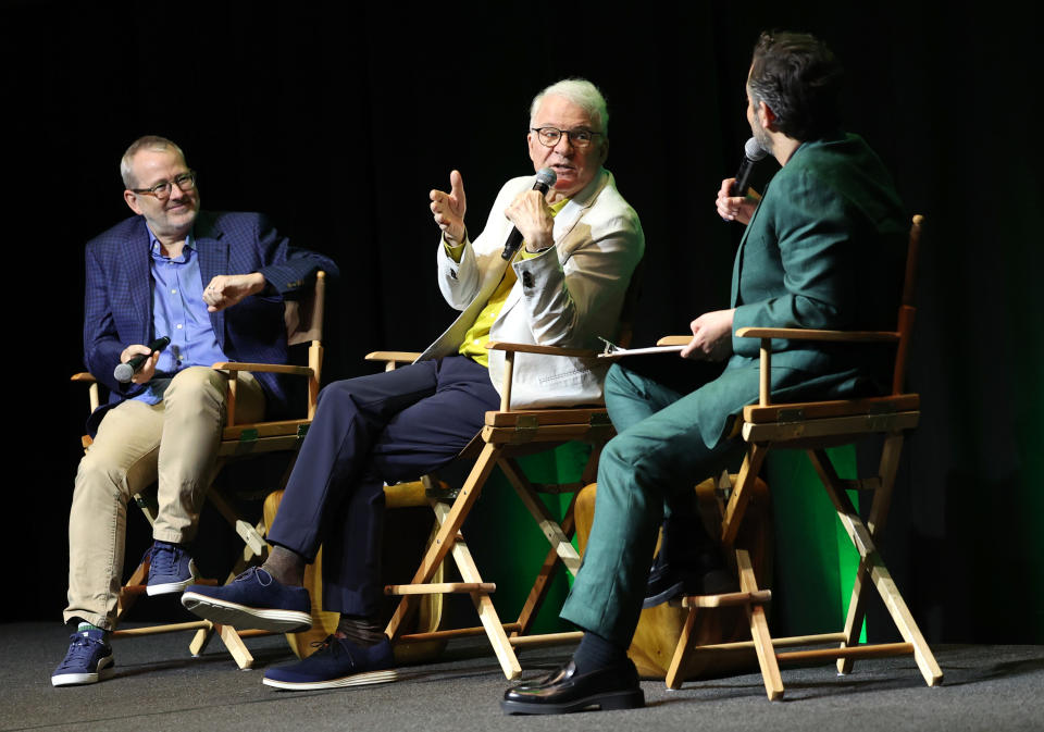 (L-R) Director Morgan Neville, Steve Martin, and moderator Nick Kroll speak on stage during the Los Angeles special screening of ‘Steve !(martin) a Documentary in 2 Pieces’ on June 17, 2024 in Hollywood.