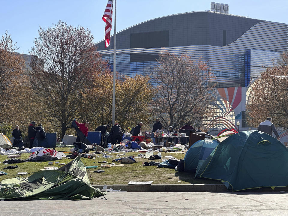 Police clear an encampment on the Northeastern University campus in Boston, early Saturday, April 27, 2024. (AP Photo/Michael Casey)