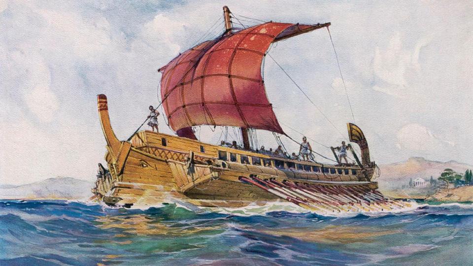 A 1920s illustration of an ancient Greek Bireme that has two decks of oars.