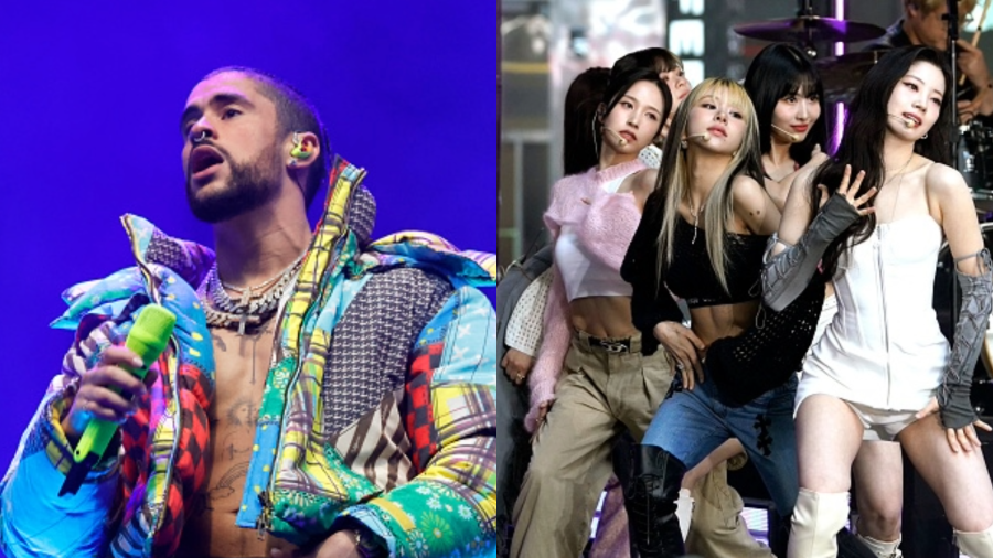 LEFT: INDIO, CALIFORNIA – APRIL 14: Bad Bunny performs at the Coachella Stage during the 2023 Coachella Valley Music and Arts Festival on April 14, 2023 in Indio, California. (Photo by Frazer Harrison/Getty Images for Coachella) RIGHT: South Korean girl group “Twice” performs at Rockefeller Center during the “Today Show” in New York on July 5, 2023. (Photo by TIMOTHY A. CLARY / AFP) (Photo by TIMOTHY A. CLARY/AFP via Getty Images)