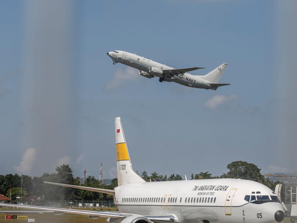 A US Navy aircraft takes off to join the search mission for the missing Indonesian navy submarine KRI Nanggala (402).