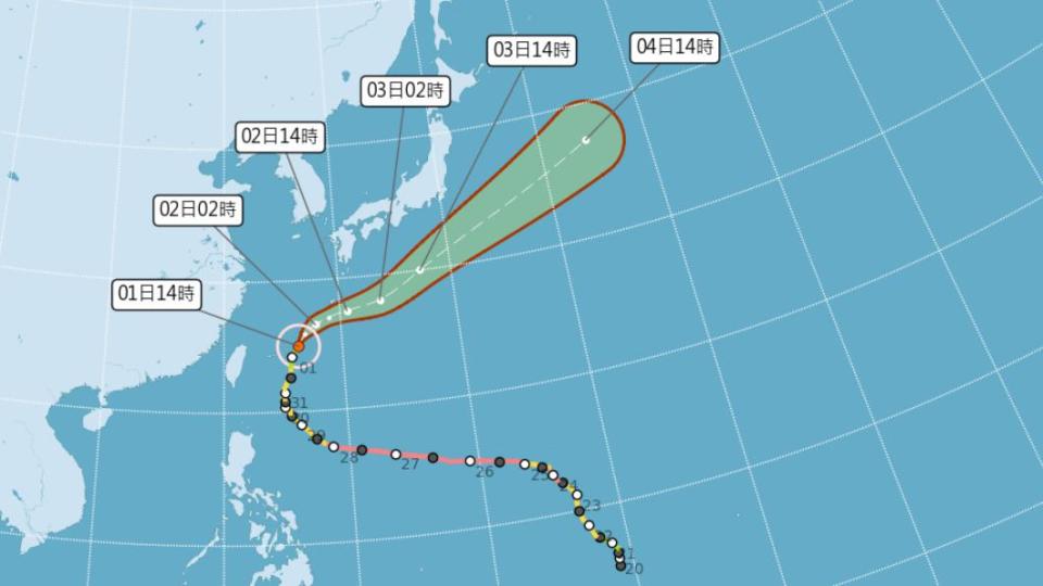 今（1）日14時中央氣象局「颱風路徑潛勢預測圖」顯示，瑪娃以每小時19公里速度，向北北東進行。（圖／翻攝自中央氣象局）