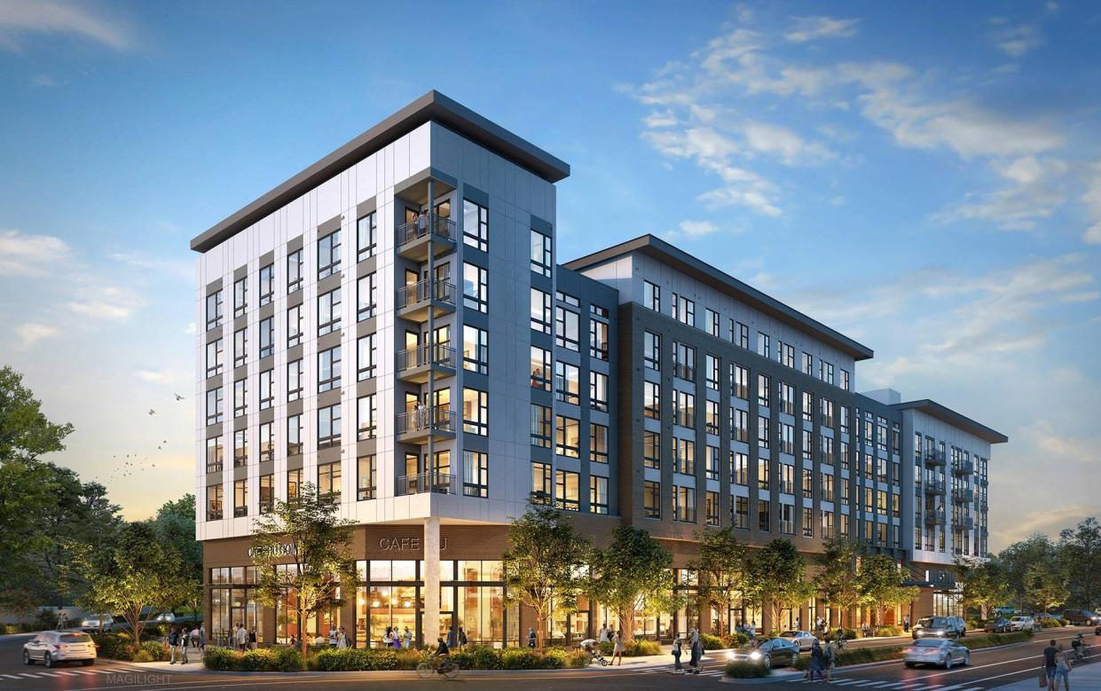 A rendering of the exterior design of The Laureate, a 268-unit apartment complex built last year in Montgomery County, Md. The building was publicly financed and is publicly owned using a program like one officials in Rhode Island are exploring.