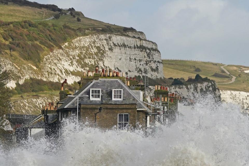 Waves crashing in Dover Kent, as Storm Ciaran brings high winds and heavy rain along the south coast of England (PA)