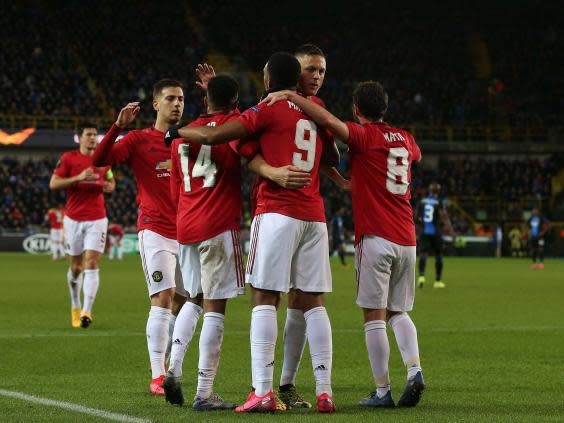 United celebrate after Martial equalises in Bruges (Getty)