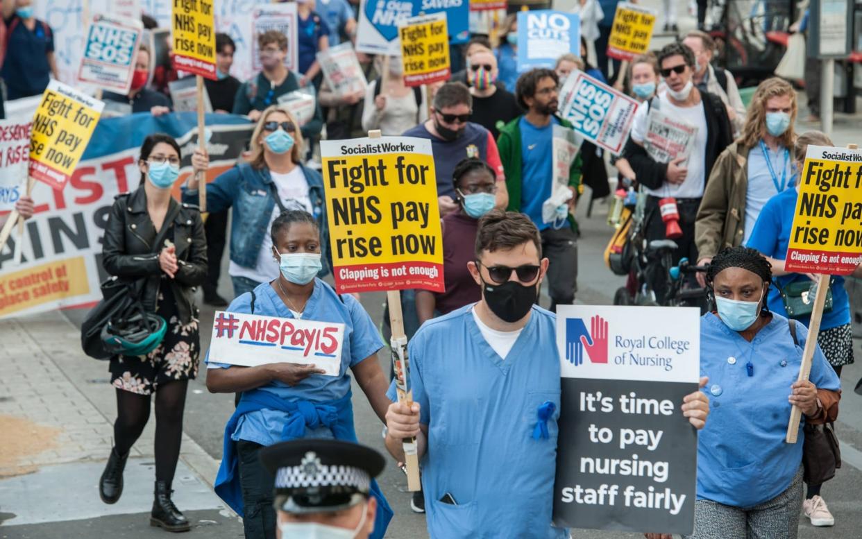 NHS workers march from the BBC headquarters to Trafalgar square to demand a pay rise from the government on September 12, 2020 - Guy Smallman/Getty Images Europe 