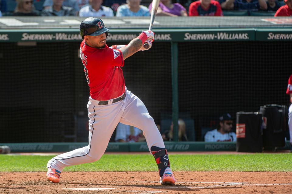 Cleveland Guardians' Gabriel Arias watches his RBI single off Texas Rangers relief pitcher Jonathan Hernandez on Sept. 17, 2023, in Cleveland.