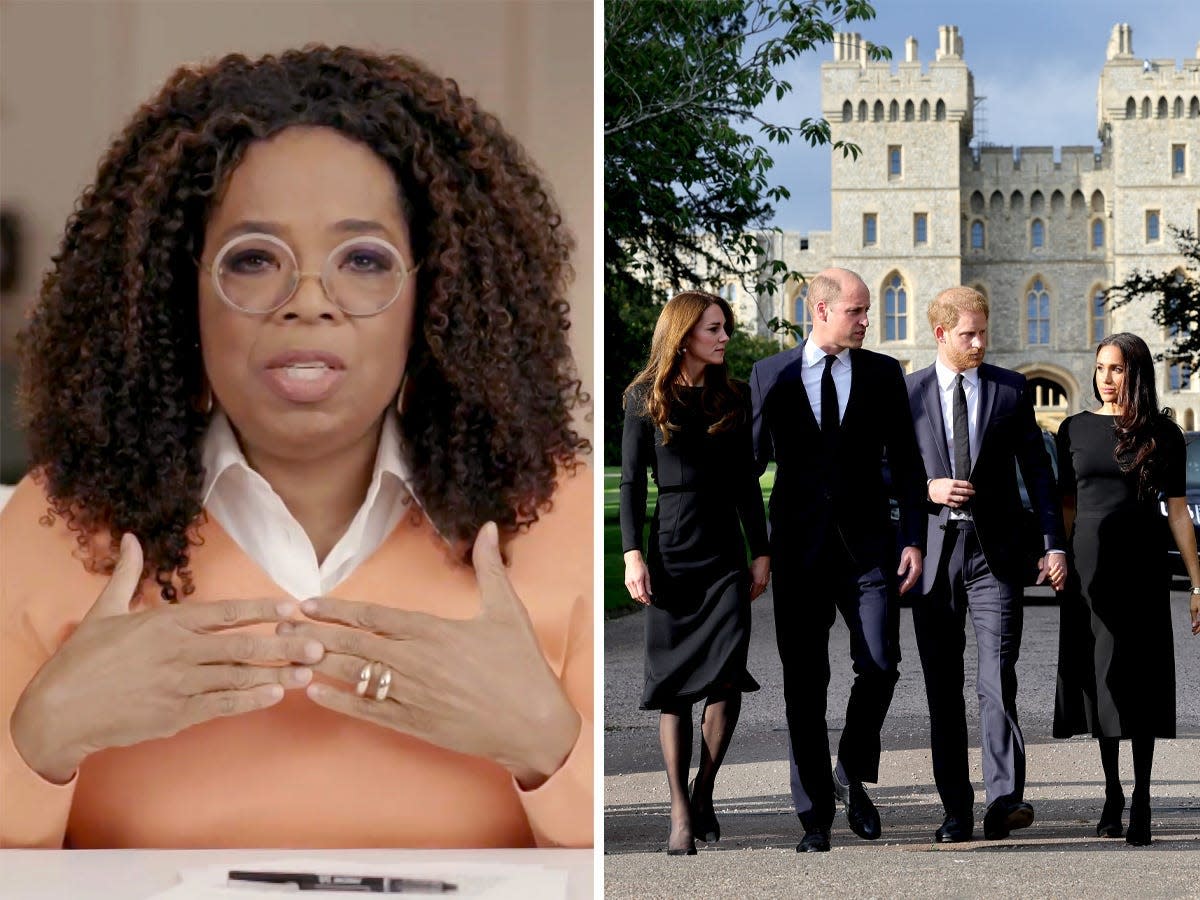 A side-by-side of Oprah Winfrey and Princess Kate, Prince William, Prince Harry, and Meghan Markle.