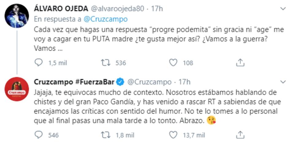 El segundo de los dos zascas que el community manager de Cruzcampo le ha soltado a Álvaro Ojeda. (Foto: Twitter / @Cruzcampo).