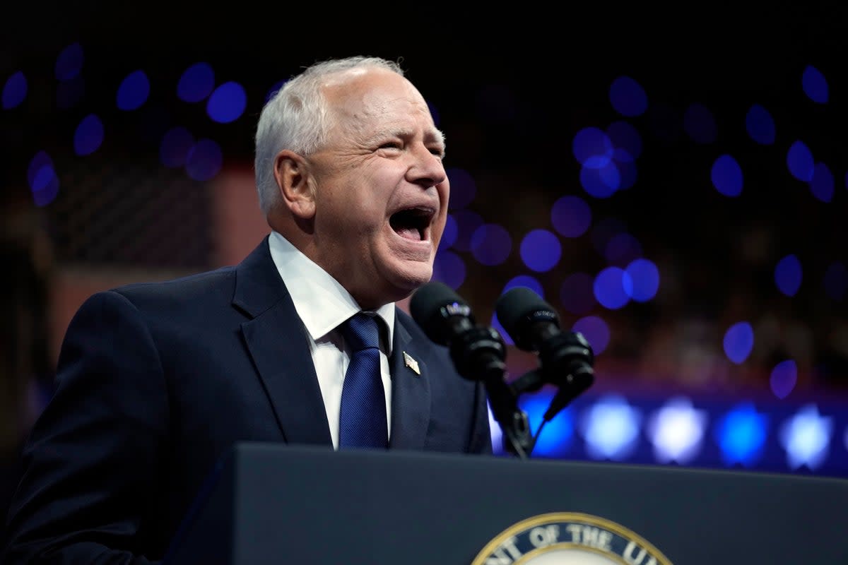 Walz drew cheers and laughter from the huge crowds gathered in Philadeplphia, Pennsylvania, in which he made reference to a recent social media trend about his GOP counterpart JD Vance (AP)