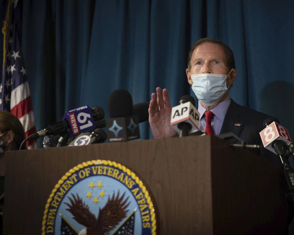 Sen. Richard Blumenthal, D-Conn, addresses the media at news conference inside the West Haven campus of the VA Connecticut Healthcare System West Haven, Friday, Nov. 13, 2020 in West Haven, Conn. Two workers were killed in an explosion on Friday while repairing a steam pipe at a maintenance building on the hospital campus. (AP Photo/Robert Bumsted)