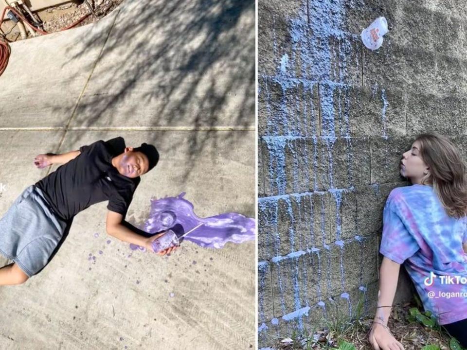 A composite of screenshots from two TikToks where people are pretending to pass out with purple milkshakes in their hands.