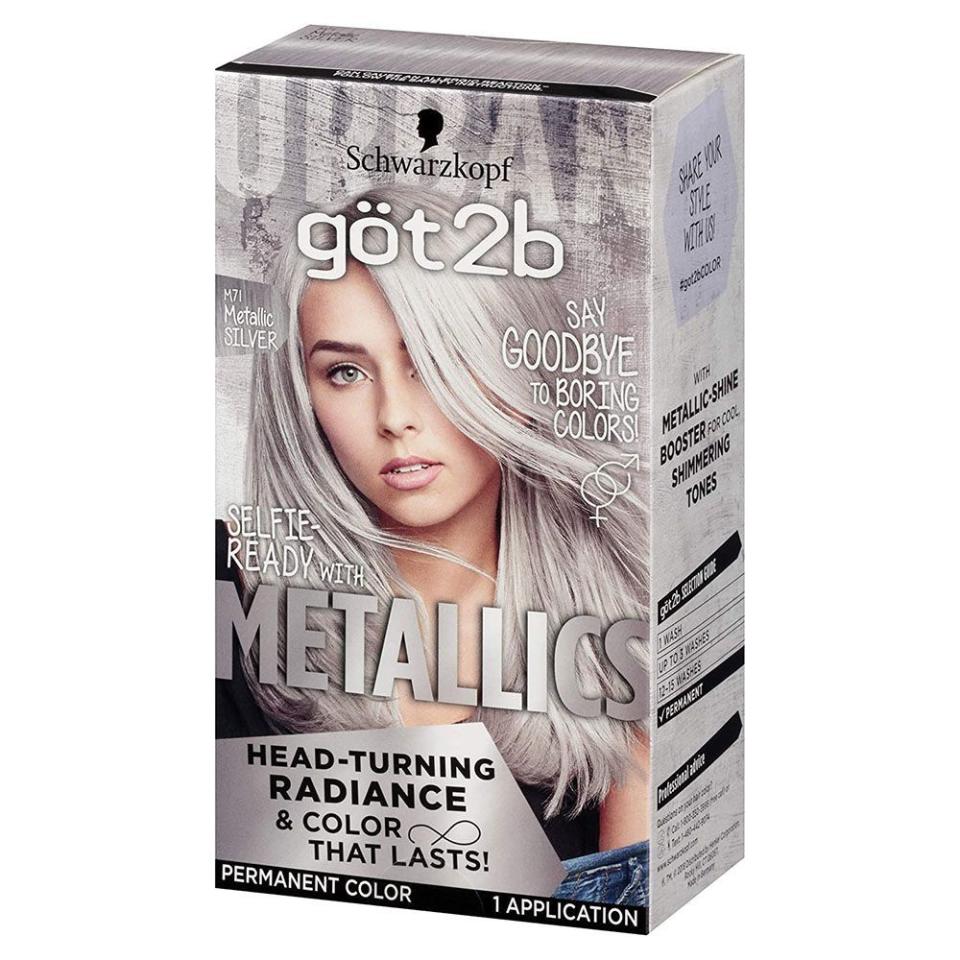 <p><strong>Schwarzkopf</strong></p><p>walmart.com</p><p><strong>$9.97</strong></p><p><a href="https://go.redirectingat.com?id=74968X1596630&url=https%3A%2F%2Fwww.walmart.com%2Fip%2FSchwarzkopf-Got2b-Metallic-Permanent-Hair-Color-M71-Metallic-Silver%2F919772551&sref=https%3A%2F%2Fwww.bestproducts.com%2Fbeauty%2Fg3176%2Fgrey-silver-hair-dye%2F" rel="nofollow noopener" target="_blank" data-ylk="slk:Shop Now;elm:context_link;itc:0;sec:content-canvas" class="link ">Shop Now</a></p><p>Looking to go a little more against the grain? Then this grey hair dye is exactly what you need. It has a metallic hue that’ll give you a grungy, edgy look that’s a throwback to the cool kids of the ’90s.</p><p>This affordable kit includes everything you need to safely color-treat your hair at home, including hair dye, an application bottle and lotion, gloves, and a protective hair treatment.<br></p>