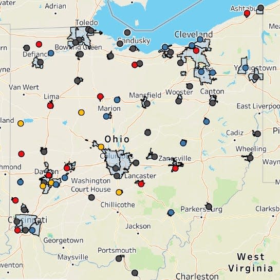 This map shows the data collected from sewage plants in Ohio where instances of COVID-19 virus found in the waste are monitored. Red (the worst) and yellow indicate a rise in COVID virus while blue indicates a steady number.