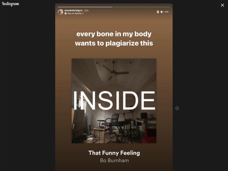 A screenshot of Phoebe Bridgers' Instagram story showing her listening to a Bo Burnham song called "That Funny Feeling."