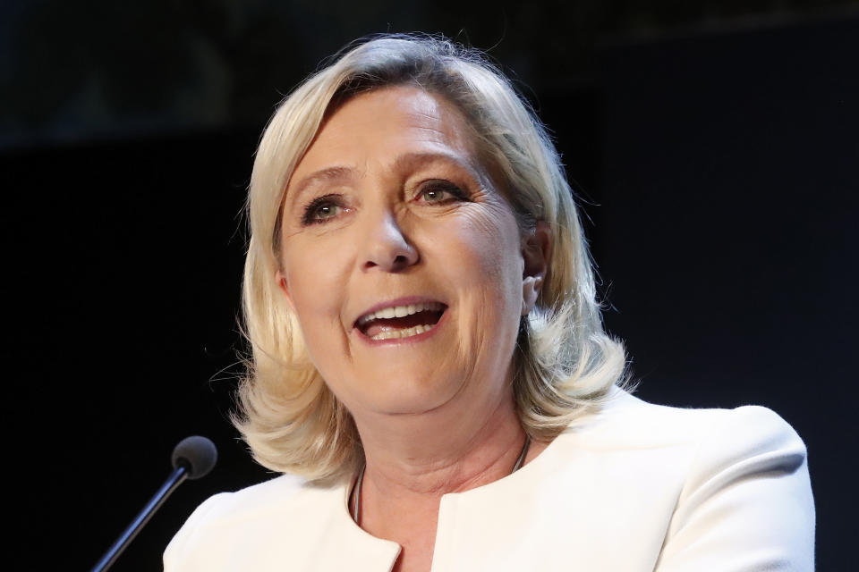 Far-right National Party leader Marine le Pen delivers a speech at the campaign headquarters, Sunday, May 26, 2019 in Paris. Exit polls in France indicated that Marine Le Pen's far-right National Rally party came out on top, in an astounding rebuke for French President Emmanuel Macron, who has made EU integration the heart of his presidency. (AP Photo/Thibault Camus)