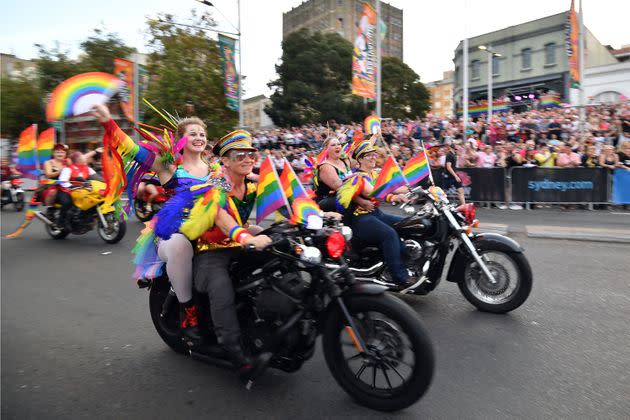 People participate in a motorcycle rally during the annual Gay and Lesbian Mardi Gras parade in Sydney on February 29, 2020. 