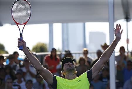 Tennis - Australian Open - Melbourne, Australia, January 17, 2018. Ivo Karlovic of Croatia celebrates winning against Yuichi Sugita of Japan. REUTERS/Toru Hanai