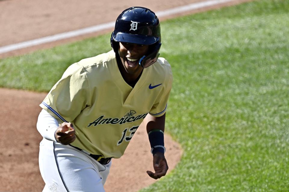 Justyn-Henry Malloy of the Detroit Tigers reacts on his way to first base during the All-Star Futures Game at T-Mobile Park in Seattle on Saturday, July 8, 2023.