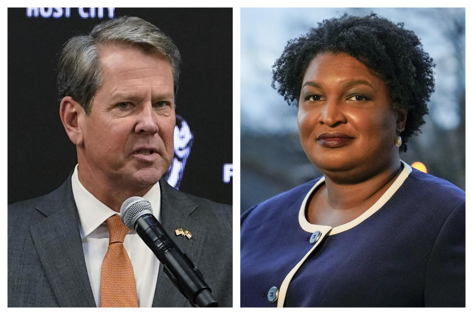 FILE - This combination of 2022 and 2021 file photos shows Georgia Gov. Brian Kemp, left, and gubernatorial Democratic candidate Stacey Abrams. Georgia Gov. Brian Kemp's decision to defy Donald Trump and ratify Joe Biden's presidential electors in 2020 has won Kemp credit with some Democrats. Heading into the November election, Democratic nominee Stacey Abrams needs those voters in her column. (AP Photo/Brynn Anderson, File)