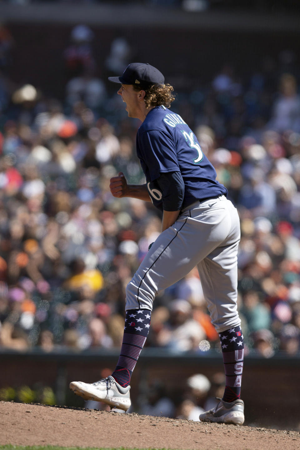 Seattle Mariners starting pitcher Logan Gilbert reacts after getting the final out in his five-hitter against the San Francisco Giants in a baseball game, Tuesday, July 4, 2023, in San Francisco. (AP Photo/D. Ross Cameron)