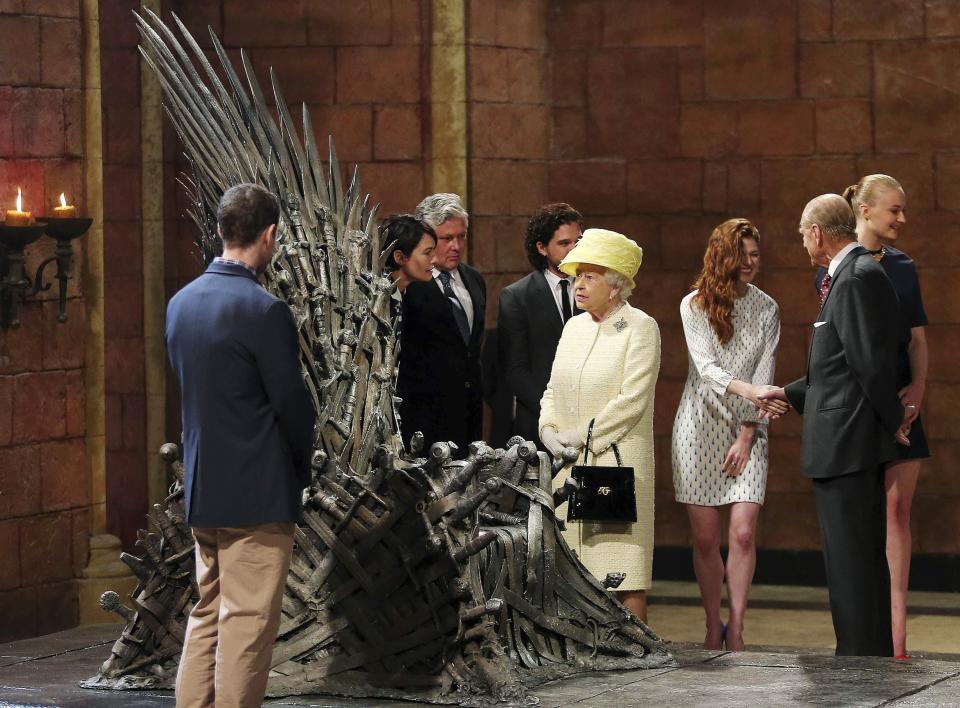 Britain's Queen Elizabeth and Prince Philip visit the set of TV series Game of Thrones, in the Titanic Quarter of Belfast