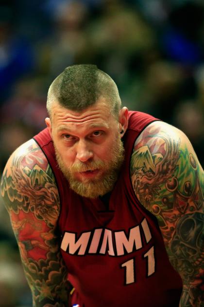 Miami Heat's Chris Andersen looks up during an NBA basketball game
