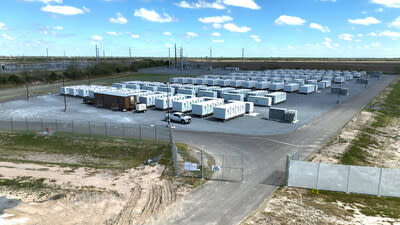 An aerial photograph of Eolian, L.P.’s Madero & Ignacio battery energy storage facility, a 200 MW/2.5+ hour duration storage system in Texas.