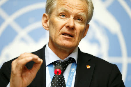 Special Advisor to the United Nations Special Envoy for Syria, Jan Egeland, adresses the media during a news conference in Geneva, Switzerland, April 4, 2018. REUTERS/Pierre Albouy