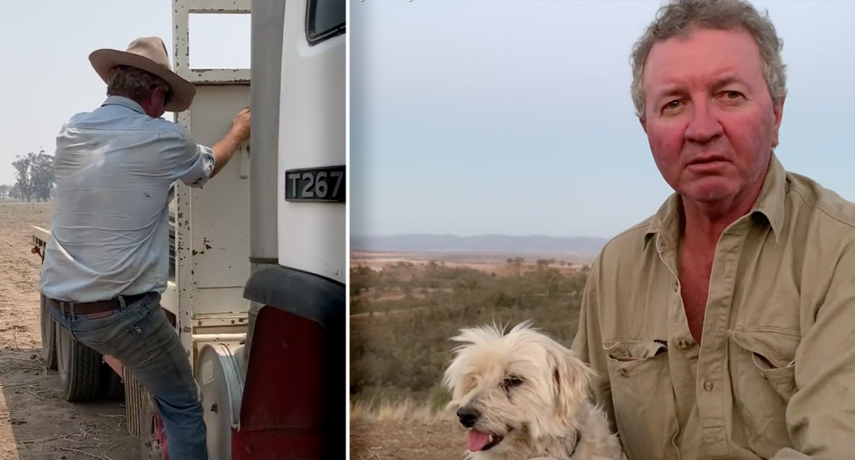 Tamworth farmer Mark Walters and his dog Occy during the drought in December, 2019. Source: Michael Dahlstrom