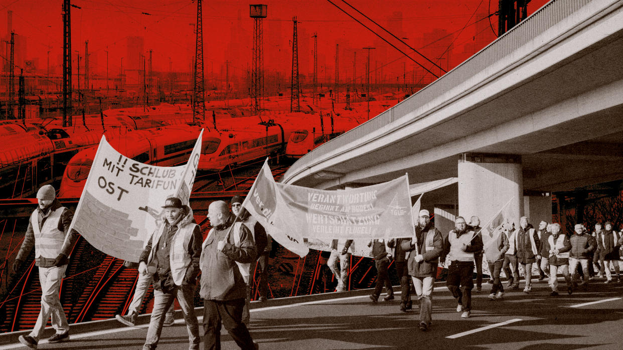  Photo composite of striking workers and empty trains. 