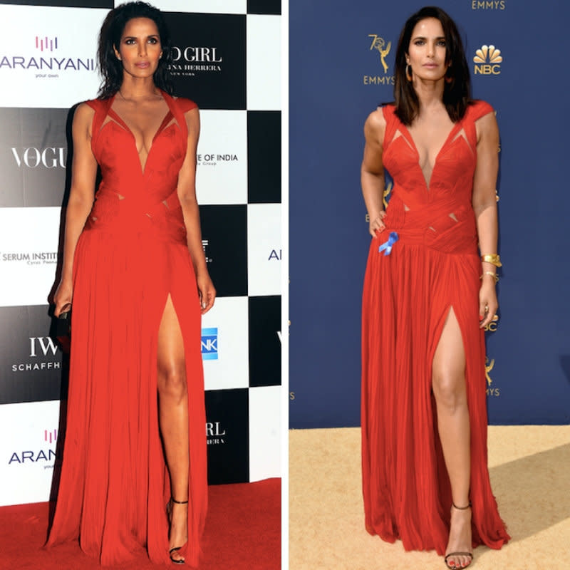 Padma Lakshmi in the J. Mendel gown she wore at the Vogue India Women of the Year Awards and again at the 2018 Emmy Awards.