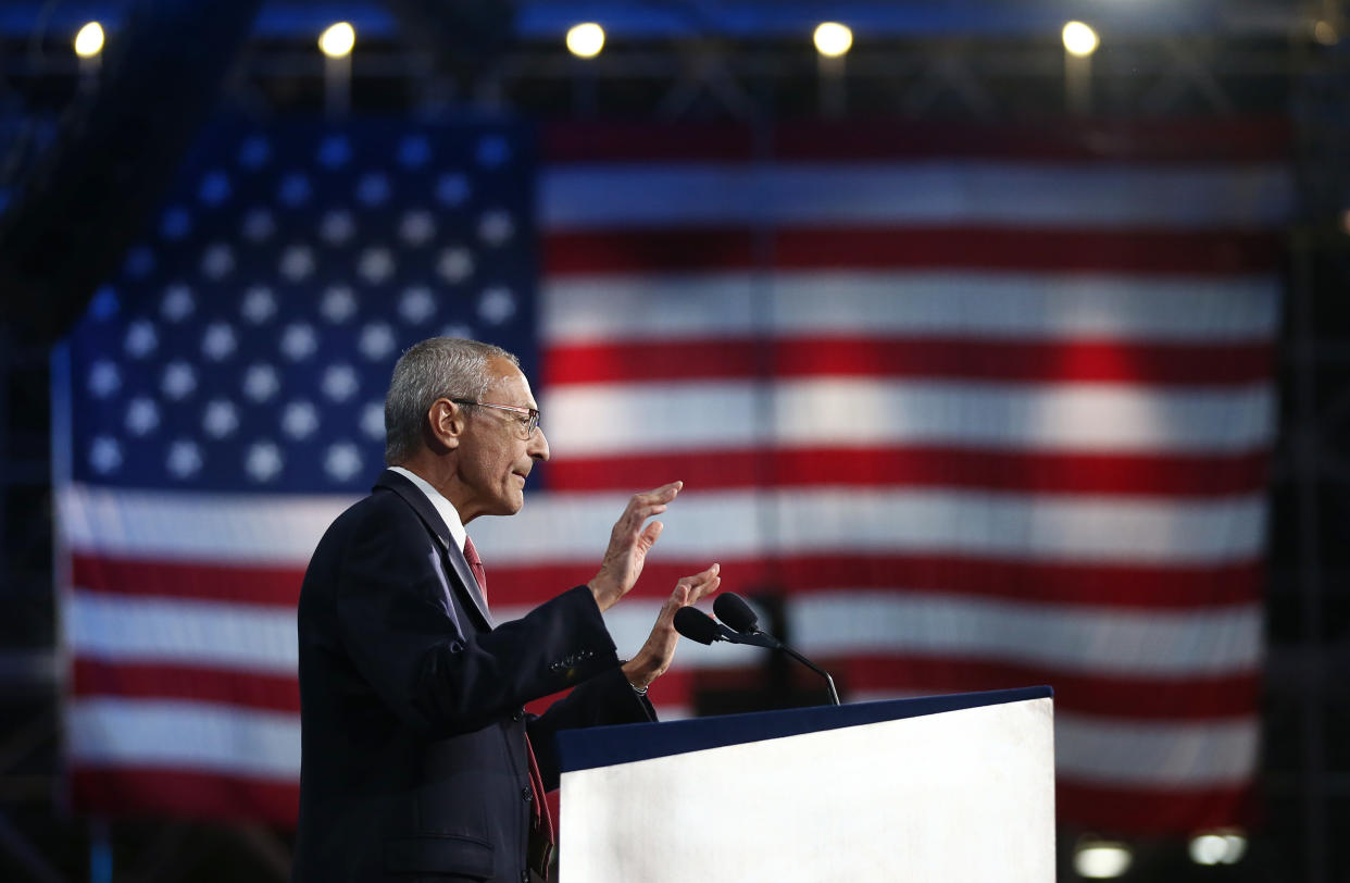 John Podesta, chairman of the 2016 Hillary Clinton presidential campaign, addresses the crowd at Democratic U.S. presidential nominee Hillary Clinton's election night rally in New York, U.S., November 9, 2016.       REUTERS/Carlos Barria