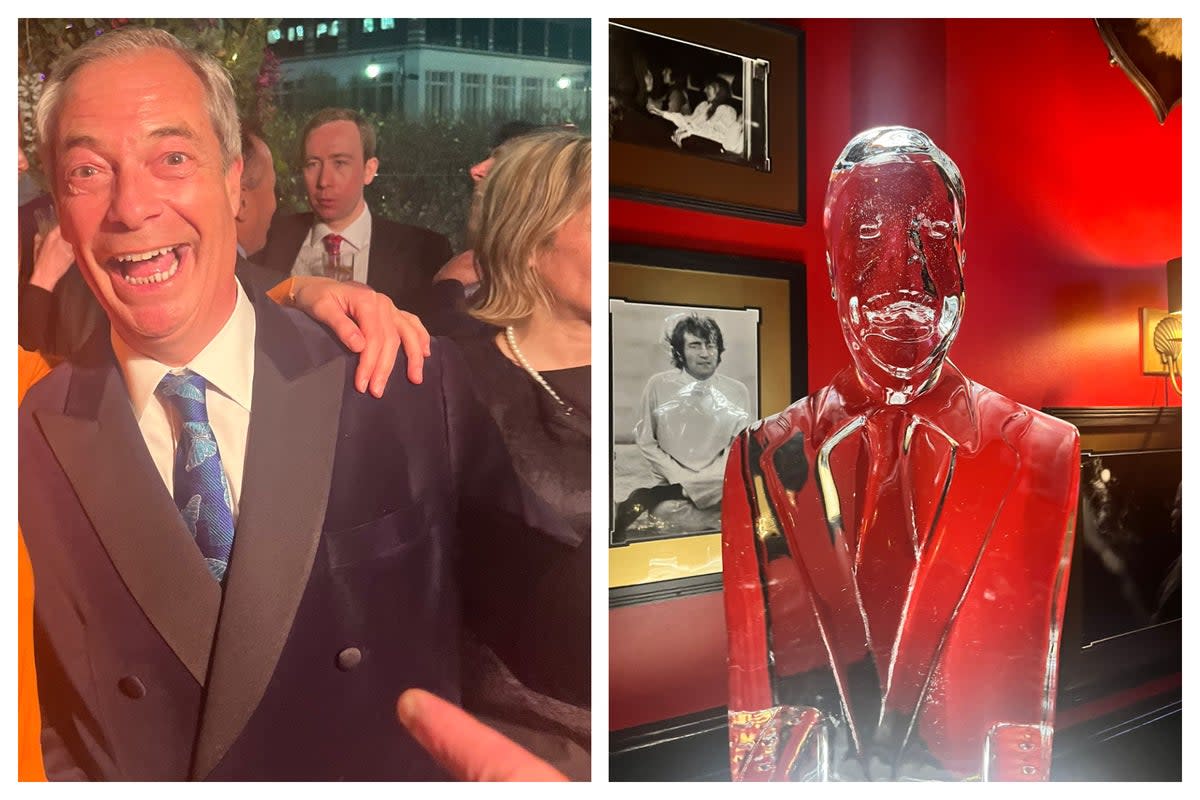 Nigel Farage at his birthday party; a melting ice sculpture of Nigel Farage at the party