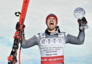 Mar 15, 2017; Aspen, CO, USA; Peter Fill of Italy celebrates after the men's downhill alpine skiing race in the 2017 Audi FIS World Cup Finals at Aspen Mountain. Mandatory Credit: Michael Madrid-USA TODAY Sports