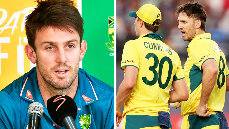 Mitch Marsh speaks and Marsh talks to Pat Cummins.