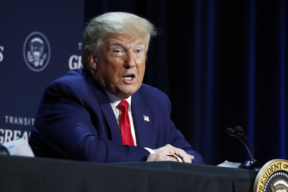 President Donald Trump speaks during a roundtable discussion about "Transition to Greatness: Restoring, Rebuilding, and Renewing," at Gateway Church Dallas, Thursday, June 11, 2020, in Dallas.(AP Photo/Alex Brandon)